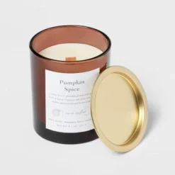 Clear Colored Glass With Woodwick And Brass Metal Inset Lid Pumpkin Spice - Threshold™ -Home Deals Store GUEST 0f1ab2d8 1770 4918 b056 6328d597fa18