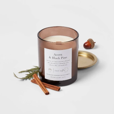 Clear Colored Glass With Woodwick And Brass Metal Inset Lid Acorn + Black Pine Candle Brown - Threshold™ 2 Clear Colored Glass With Woodwick And Brass Metal Inset Lid Acorn + Black Pine Candle Brown - Threshold™ - Image 2