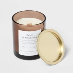 Clear Colored Glass With Woodwick And Brass Metal Inset Lid Acorn + Black Pine Candle Brown - Threshold™ 5 Clear Colored Glass With Woodwick And Brass Metal Inset Lid Acorn + Black Pine Candle Brown - Threshold™ -Home Deals Store GUEST e82cdb94 c293 4984 b5b6 1ca170680739